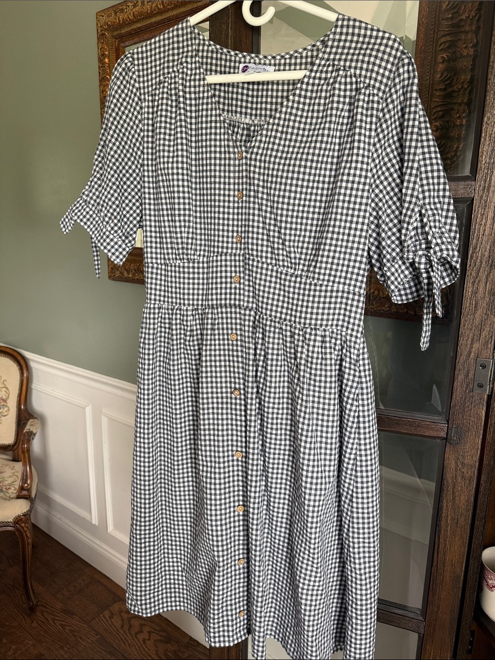DM Fashion Gingham Button-Front Midi Dress in Black & White Size L